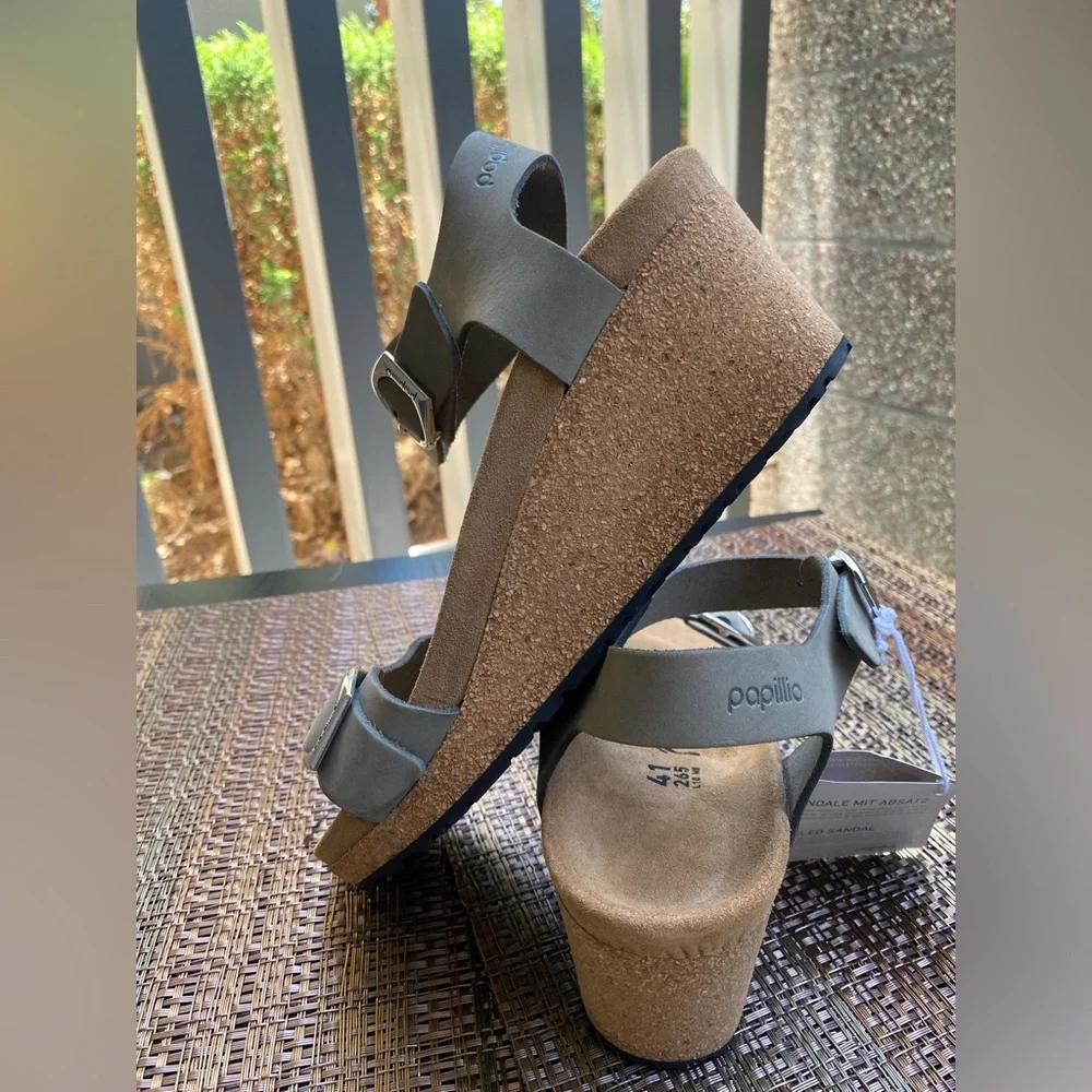 Papillio Light Gray Suede Buckle Ankle-Strap Sandals